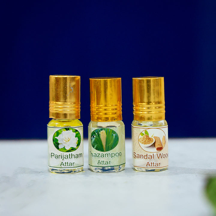 Sacred Trio: Thazhampoo, Parijatham, and Sandalwood Attar Pack (2ml each)