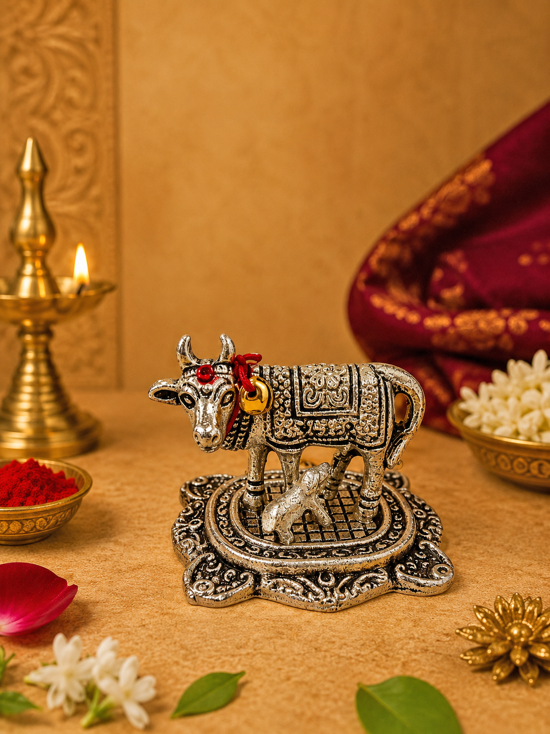 Silver Plated Kamadhenu Cow with Calf | Sacred Pooja Idol