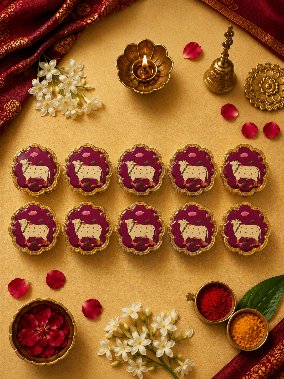 Cow Design Kumkum Holder Dabbi Set of 10