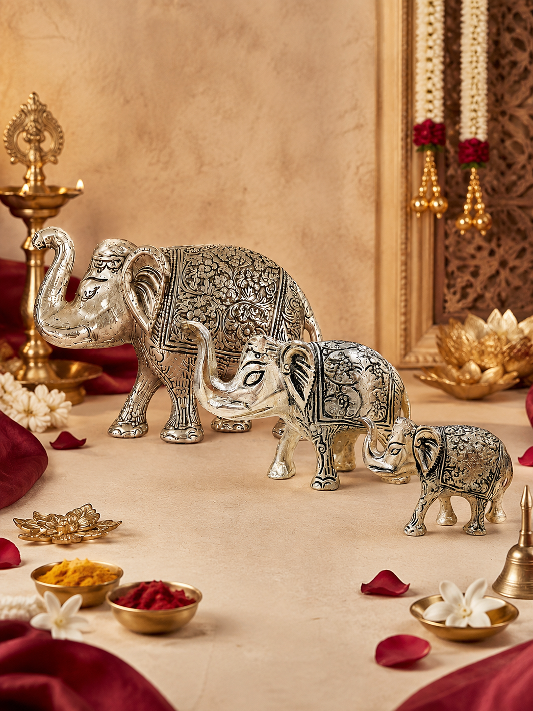 Metal Elephant Family Showpiece – Set of 3 Trunk Up Elephant Figurines