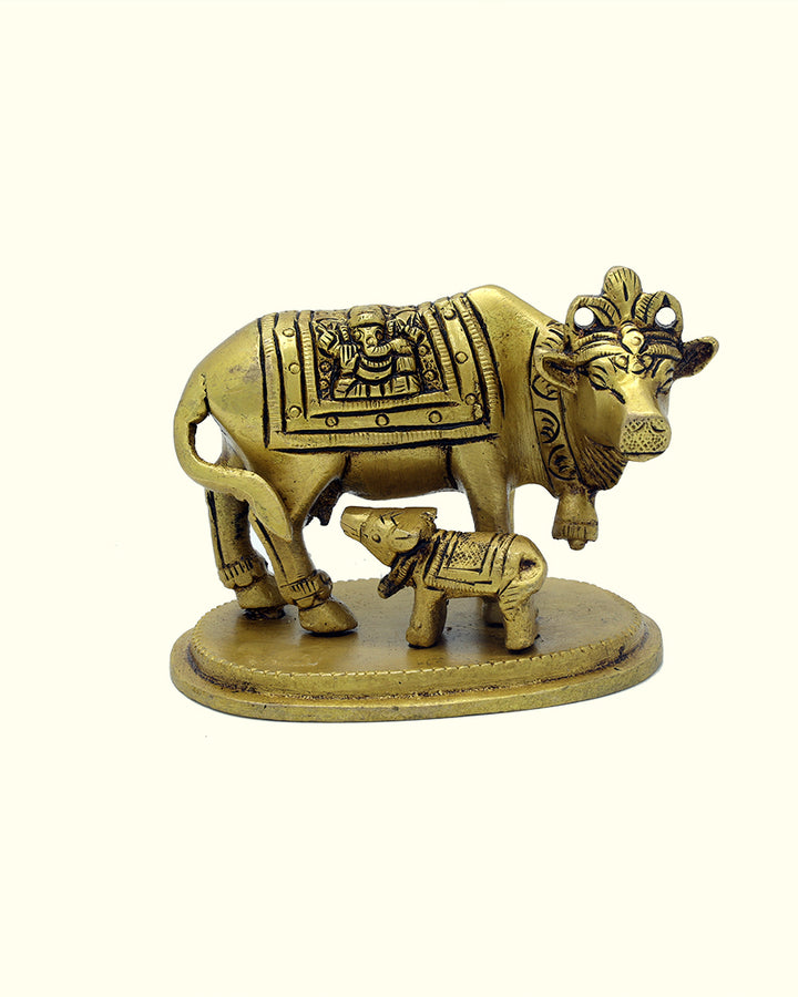 3.5" Wide Brass Go Matha and Calf with Lakshmi and Ganapathy Deity