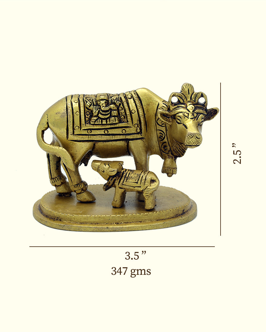 3.5" Wide Brass Go Matha and Calf with Lakshmi and Ganapathy Deity