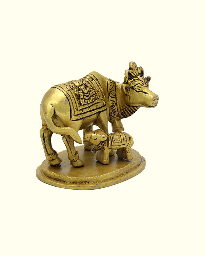 3.5" Wide Brass Go Matha and Calf with Lakshmi and Ganapathy Deity