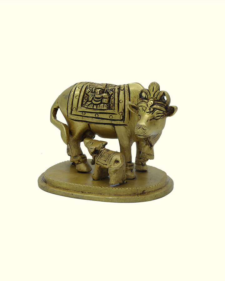 3.5" Wide Brass Go Matha and Calf with Lakshmi and Ganapathy Deity
