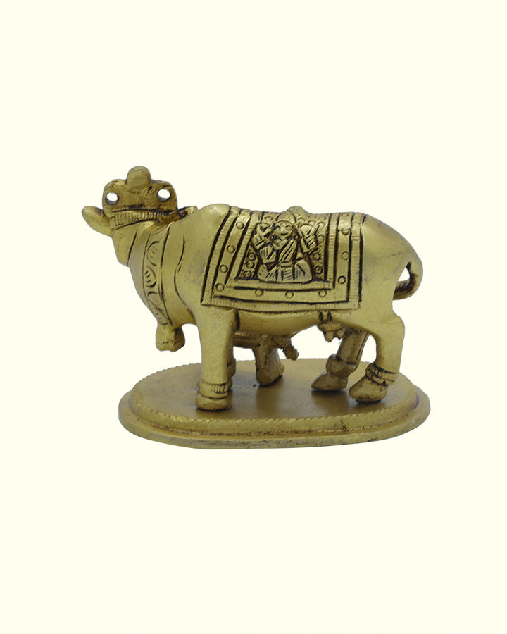 3.5" Wide Brass Go Matha and Calf with Lakshmi and Ganapathy Deity
