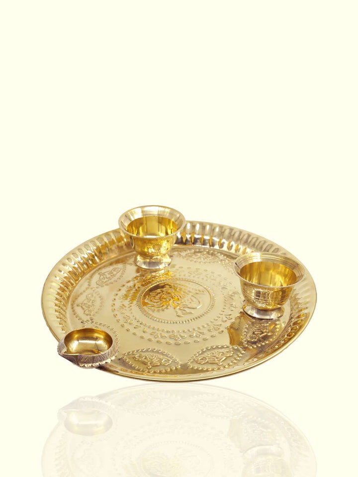 11" Wide Brass Puja Set with Deepam and Two Bowls - Sripuram Store