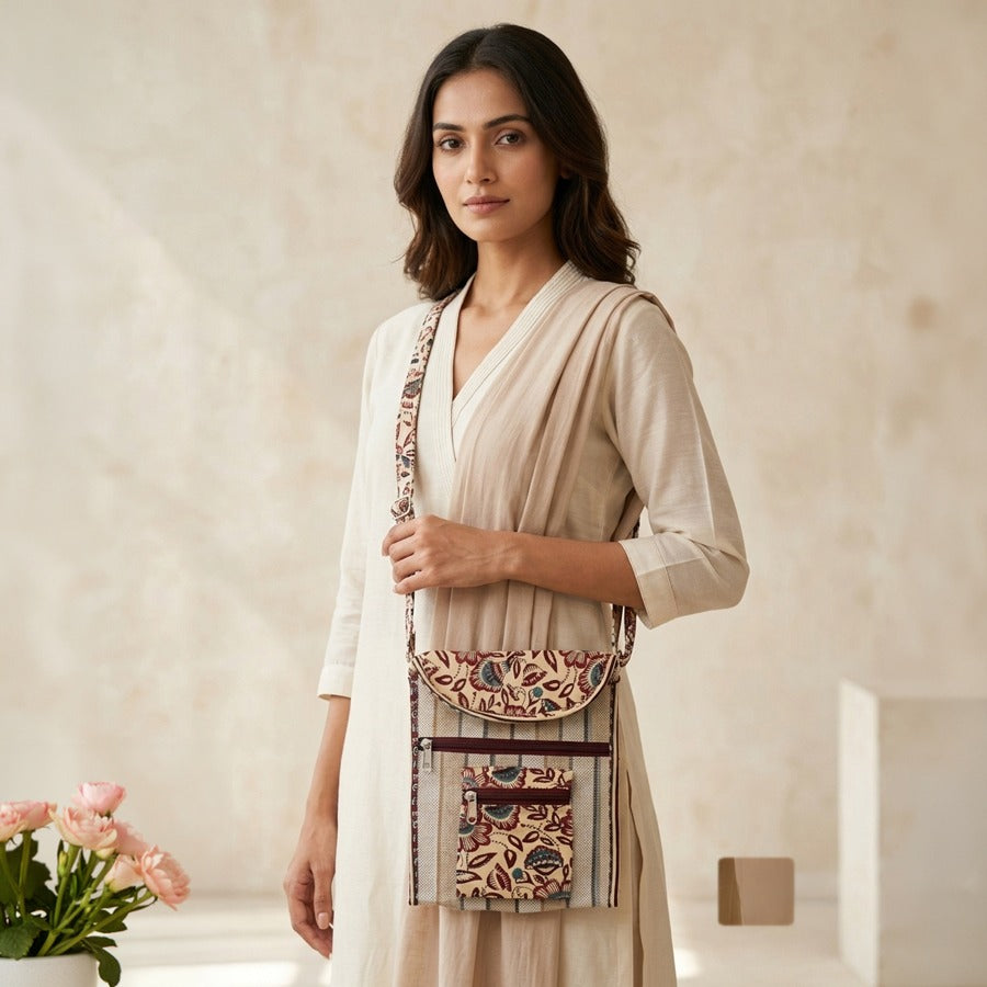 Beige Jute Printed Cloth Sling Bag