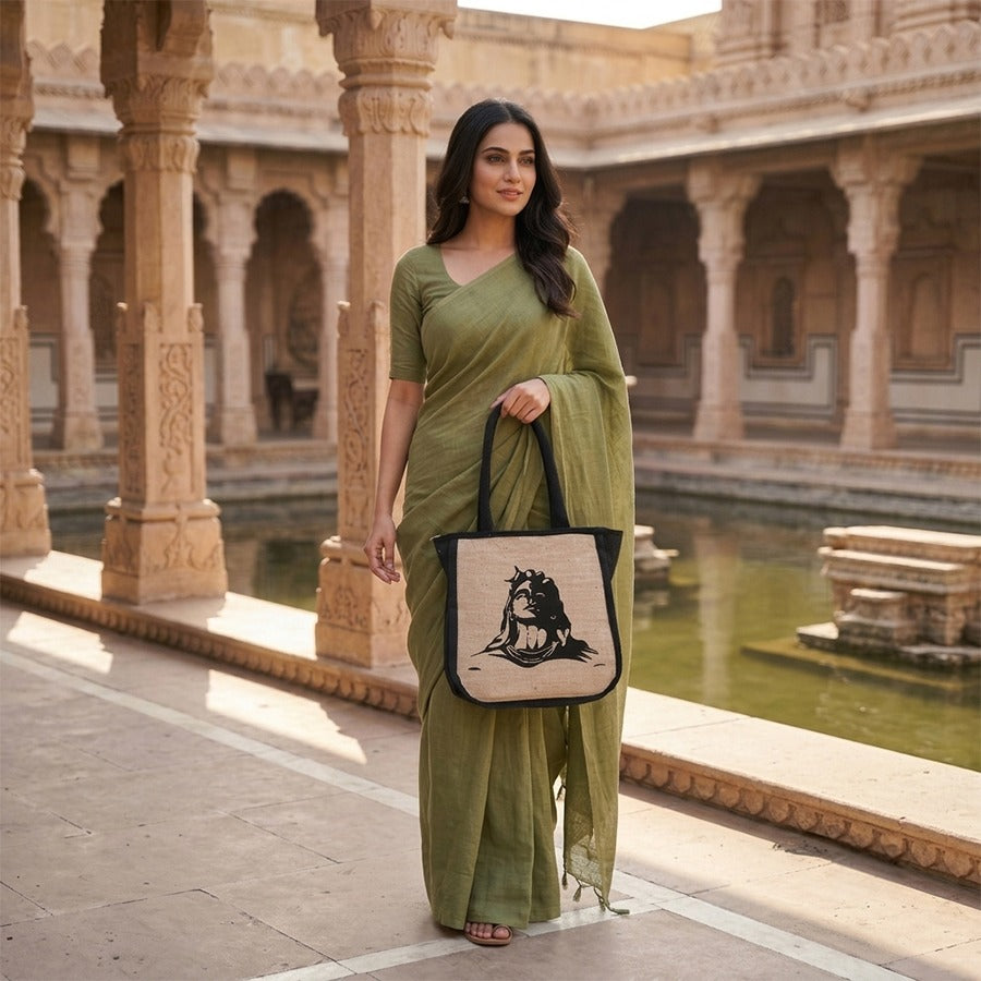 Black Jute Tote Bag with Shiva print