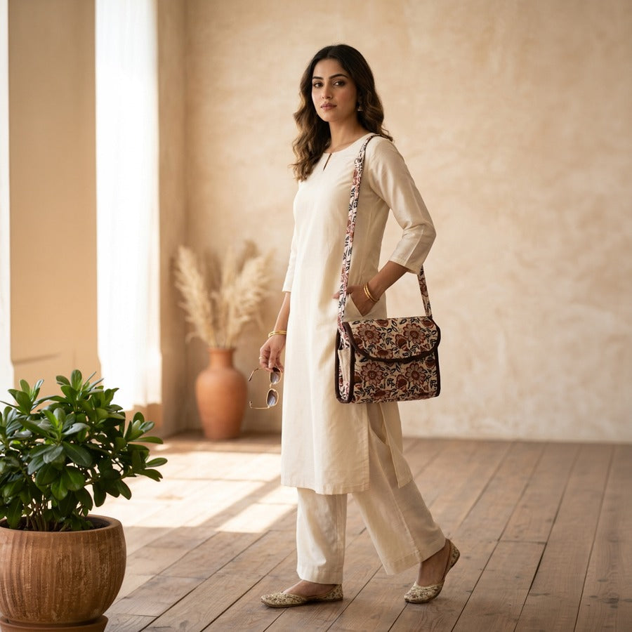 Beige & Brown Printed Cloth Shoulder Bag