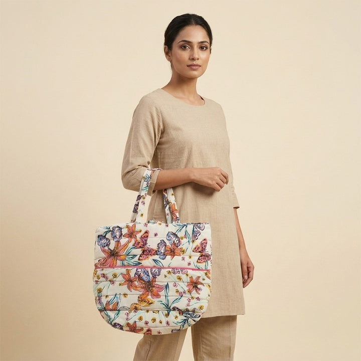 Cream Floral Printed Cloth Tote Bag