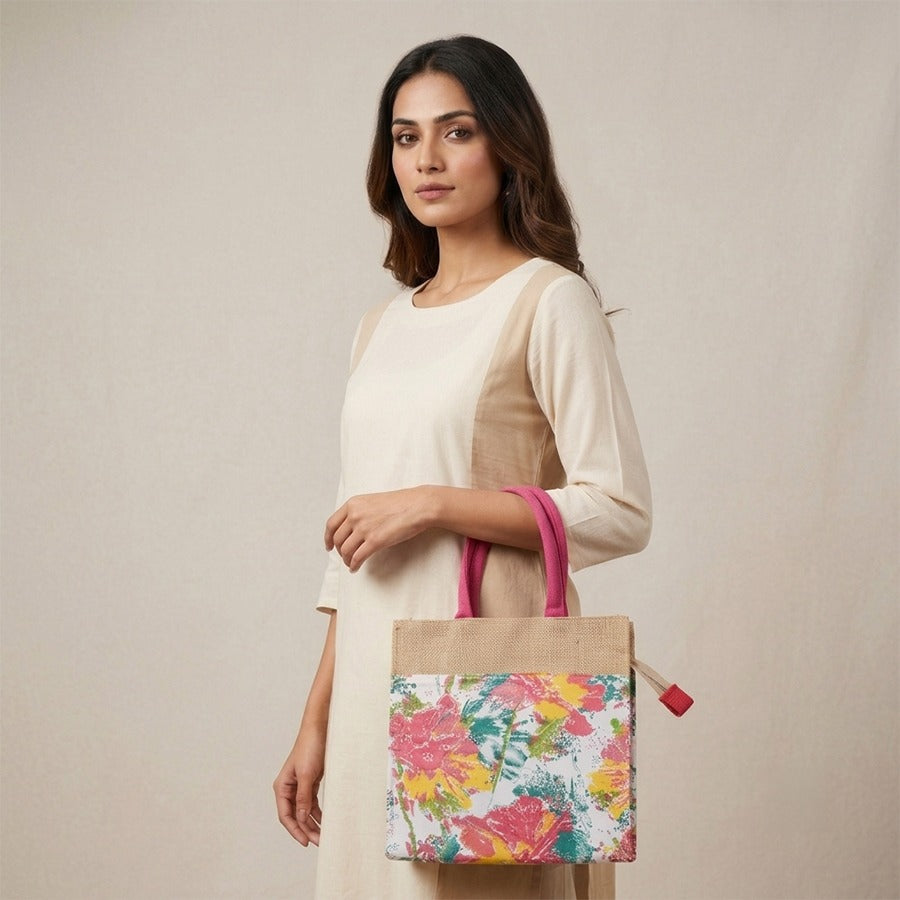Cream Floral Printed Cloth Bag