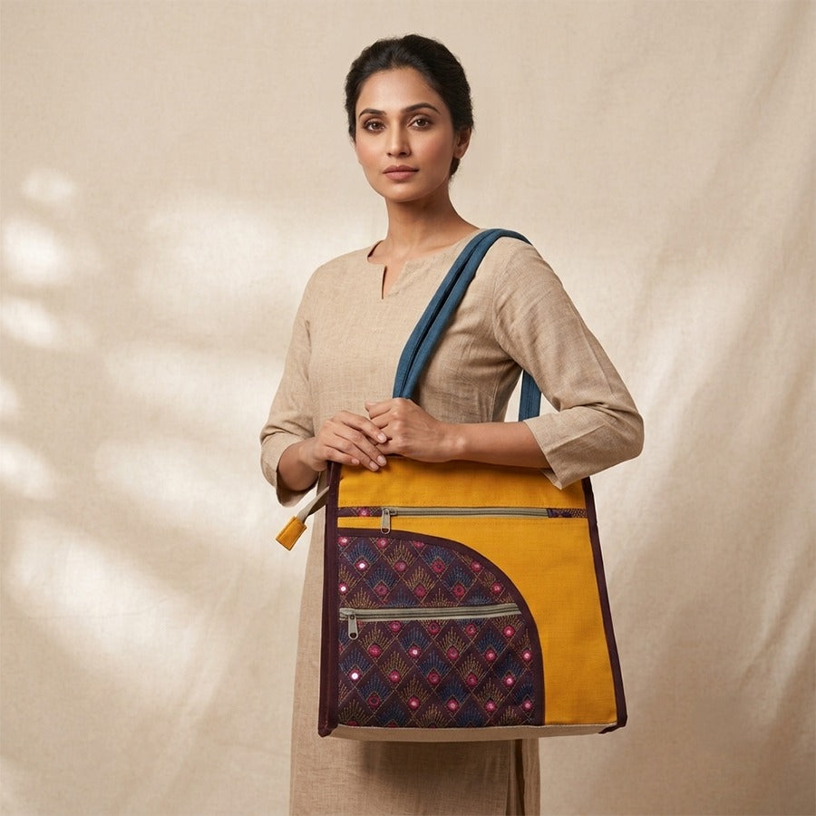 Mustard Yellow & Multicolour Printed Cloth Tote Bag