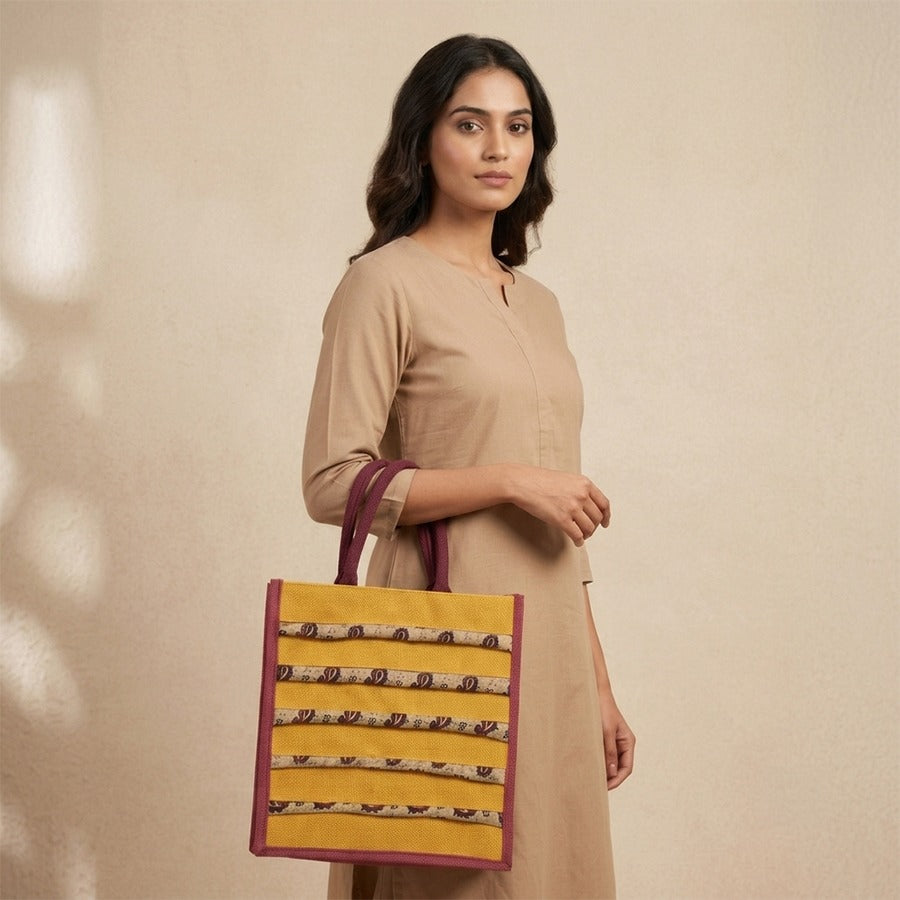 Mustard Yellow Striped Jute-Blend Tote