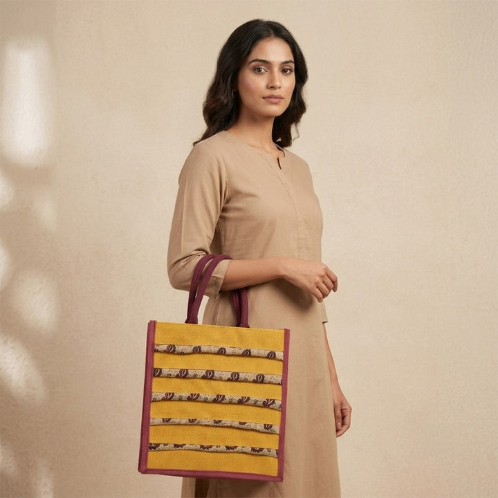 Mustard Yellow Striped Jute-Blend Tote