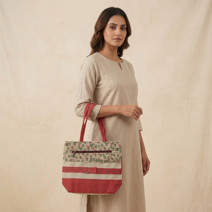 Floral Print Jute Tote Bag – Red & Beige