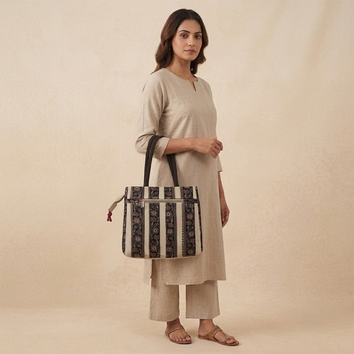 Monochrome Jute Cotton  Floral Striped Shoulder Bag