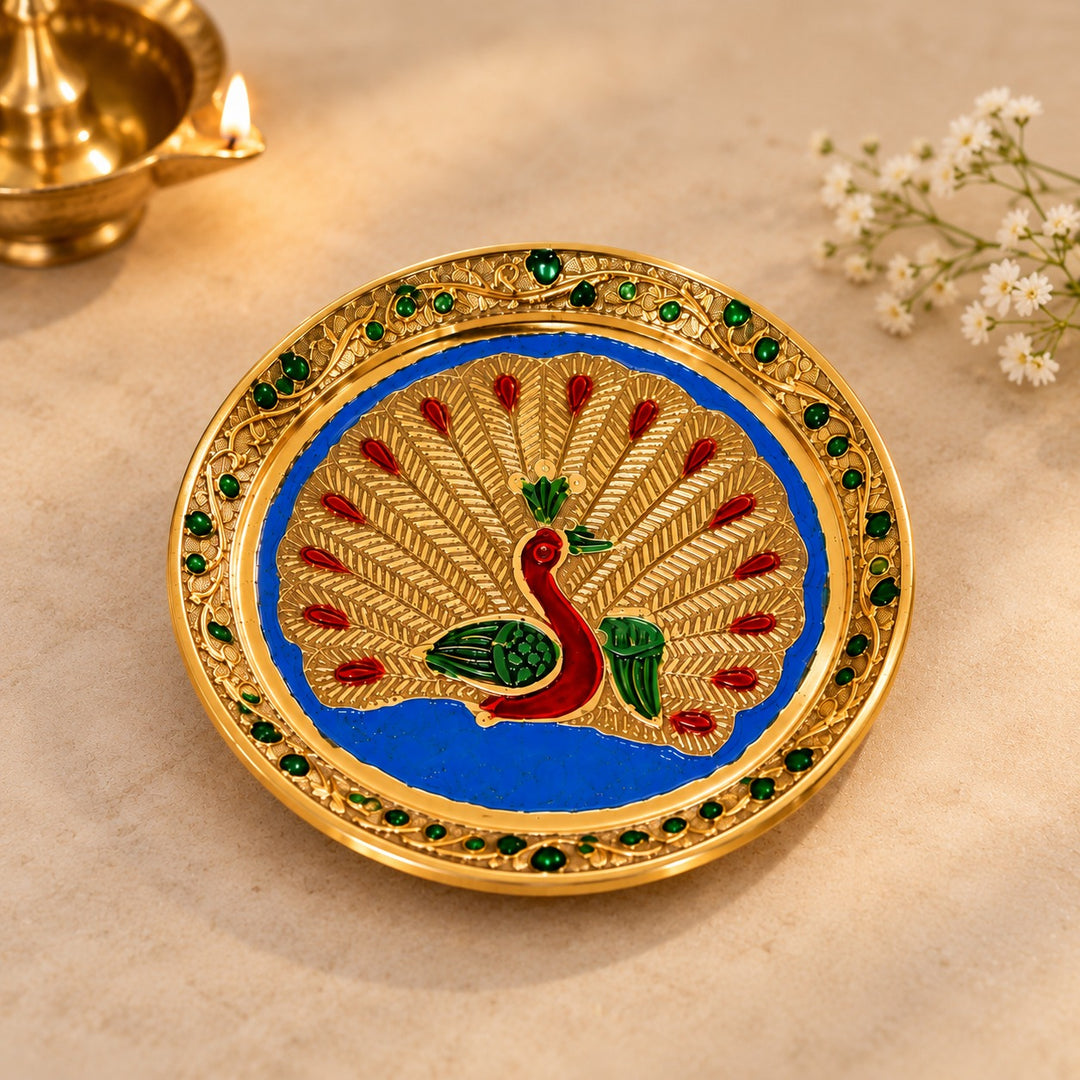 4" Brass Plate with Peacock Design