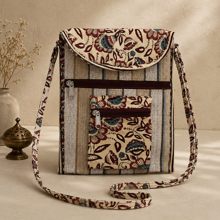 Beige Jute Printed Cloth Sling Bag