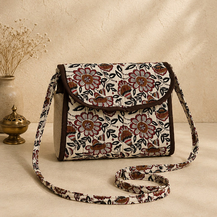 Beige & Brown Printed Cloth Shoulder Bag
