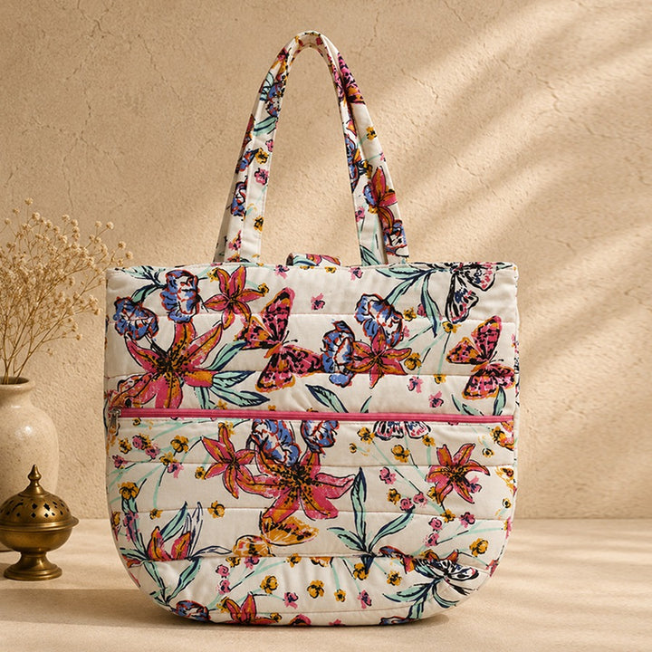 Cream Floral Printed Cloth Tote Bag