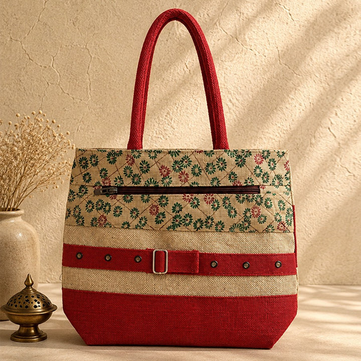 Floral Print Jute Tote Bag – Red & Beige