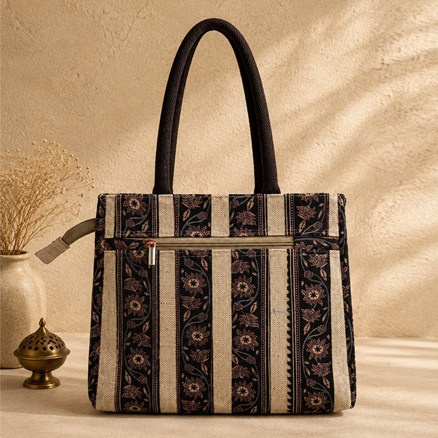 Monochrome Jute Cotton  Floral Striped Shoulder Bag