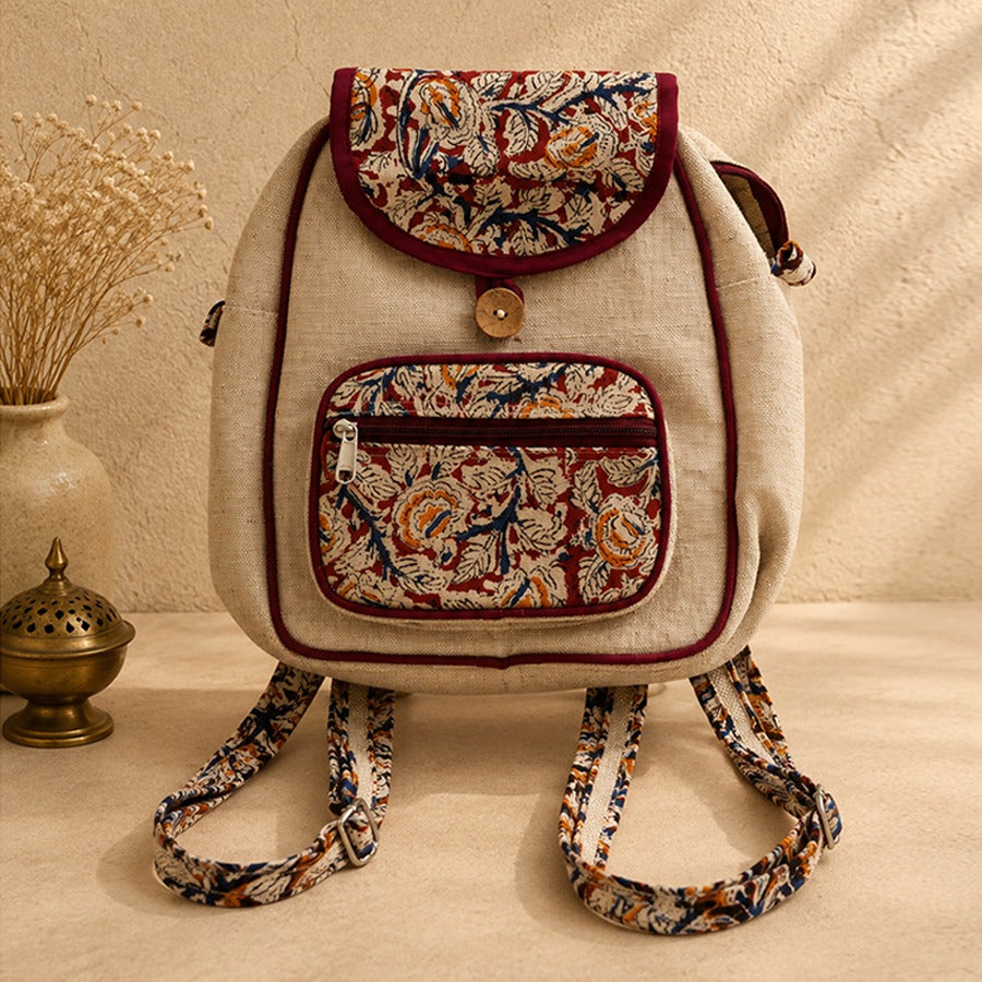 Maroon And Beige Printed Jute Backpack