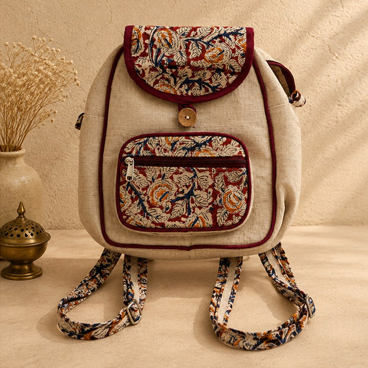 Maroon And Beige Printed Jute Backpack