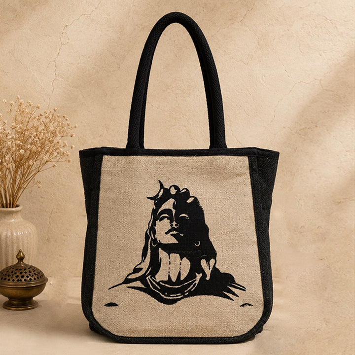 Black Jute Tote Bag with Shiva print
