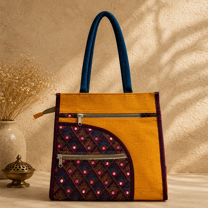 Mustard Yellow & Multicolour Printed Cloth Tote Bag