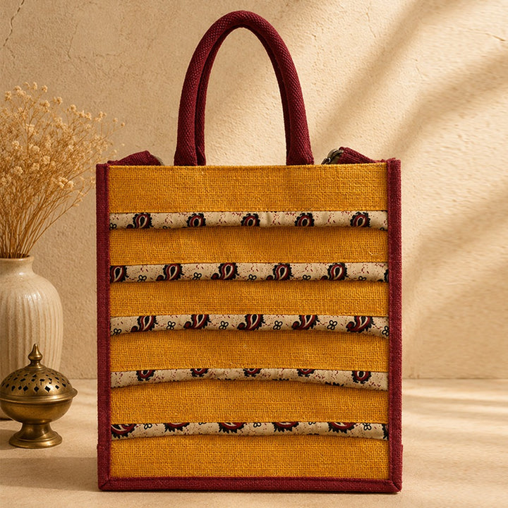 Mustard Yellow Striped Jute-Blend Tote