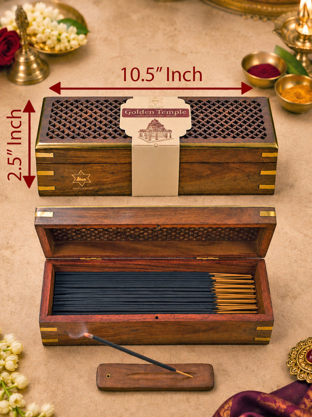 10.5" Wooden Incense Box with Incense Holder  Includes 100g Incense Sticks