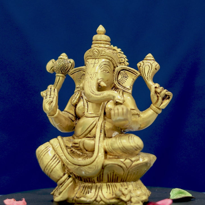 7.5” Brass Ganesh Idol With Lotus Base