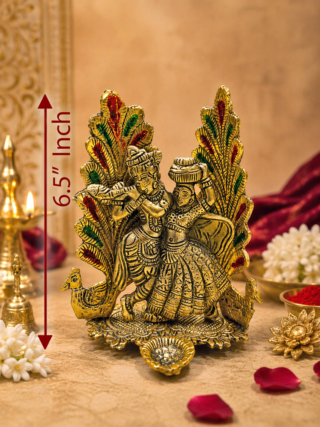 Decorative Metal Peacock Design Radha Krishna Idol Showpiece